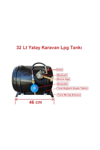 Karavan Lpg Tankı Yatay 32 Litre Tak Kullan Hazır Set Siyah