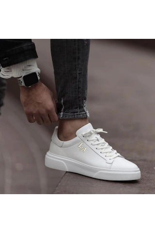 Twingold Kalın Ortopedik Tabanlı %100 Deri Sneaker Spor Ayakkabı - Beyaz Beyaz