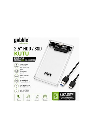 Gabble 2.5" Hdd Ssd Kutusu Usb 3.0/3.1 Sata Harici Disk Kutusu Şeffaf Kasa 5gbps 30cm Kablo