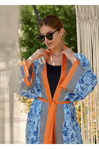 Mayovera Kimono - Mavi Çiçekler Tasarım Çok Renkli
