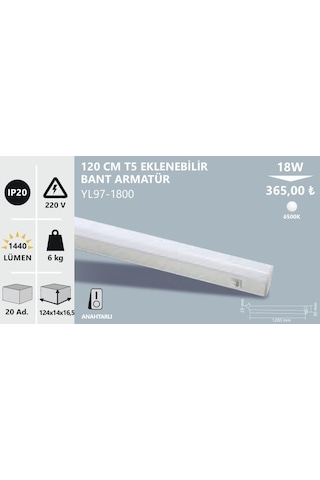 Noas 18w 120 Cm T5 Eklenebilir Led Bant Armatür, Beyaz Işık Yl97-1800 Beyaz