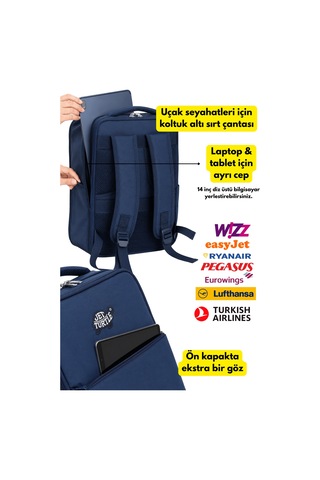 Jet Turtle Seyahat Sırt Çantası 40cm 40x25x15 Cm Pegasus, Wizz Air, Ryanair, El Valizi Koltuk Altı Valizi Koyu Mavi