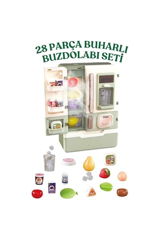 Giffy/oyuncak Buhar Efektli Buzdolabı 28 Parça Aksesuarlı Sesli Müzikli Led Işıklı Pilli Eğitici Gerçekçi Açık Gri