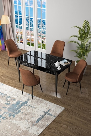 Canisa Concept Zen Serisi 80x132 Mdf Açılabilir Siyah Mermer Desen Masa Takımı Ve 4 Kiremit Sandalye Siyah