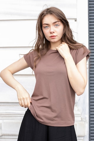 Kadın İpeksi Kumaş Geniş Sıfır Yaka Kısa Kol Tshirt Bluz-kahve Kahve