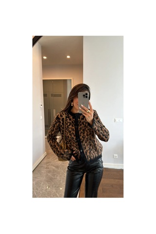 Flex Fashıon Kadın Bisiklet Yaka Trend Leopar Desenli Tüylü Hırka Siyah Kahve - 671847464 Siyah Kahve - 671847464 Siyah Kahve