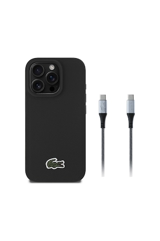 Apple Uyumlu iPhone 16 Pro Max Kılıf Lacoste Lisanslı İkonik Timsah Dokuma Logolu Kapak + Type-c Kablo 1.5m Siyah