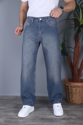Felvıno Erkek Yıkamalı Baggy Bol Kesim Kot Pantolon Koyu Mavi
