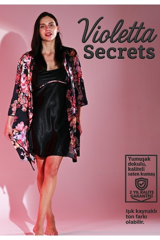 Violetta Secrets Siyah Saten Gecelik & Çiçek Desenli Sabahlık Takımı Siyah