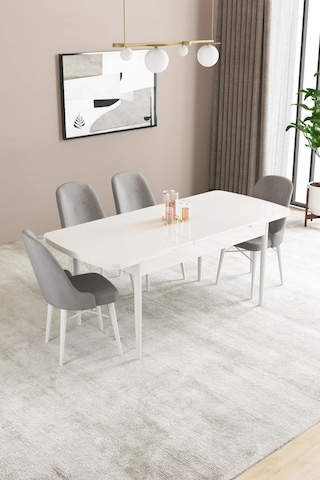 Sar Pakete Almira Serisi, Beyaz 80x132 Açılabilir Mdf Mutfak Masası Takımı 4 Adet Sandalye Gri