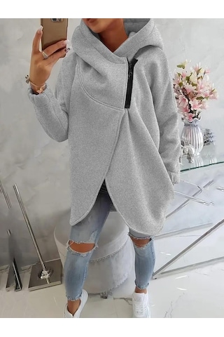 Gri Kadın 3 İplik Şardonlu Kapüşonlu Ceket Asimetrik Fermuarlı Oversize Gri