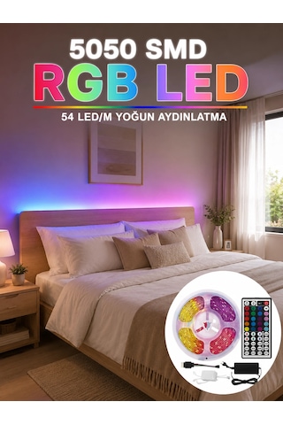 5050 Smd Rgb Led Şerit 5 Metre Kumandalı Renkli Tv Oda Masa Arkası Dekoratif Aydınlatma Seti Çok Renkli