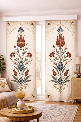 140x260 Ölçüsünde 2 Adet Bohem Fon Perde. Boho Tarz Koleksiyon Ürünü. Çok Renkli Bej