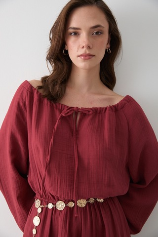 Kiremit Bağlama Detaylı Müslin Elbise - 2004 Kiremit