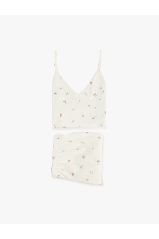 Koton Rahat Kesim Kolsuz V Yaka Pamuklu Çiçekli Pijama Takımı - 2'li Set Pembe Desenli 6slk40087mk