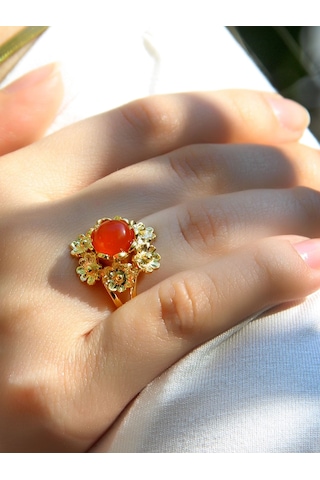 Esha Store Doğal Taş Akik Doğal Taşlı Çiçek Model Telkari Kadın Ayarlanabilir Altın Kaplama Yüzük Euy61ag Kırmızı