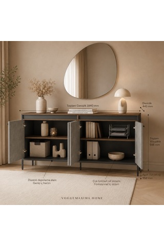 Voguemaxima Home Verona 4 Kapaklı Metal Ayaklı Konsol 184x44,5x91,6 Cm Kahve Beton Antrasit Antrasit - Mermer