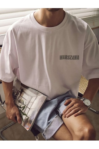 Erkek Oversize Warszawa Baskılı Beyaz T-shirt Beyaz