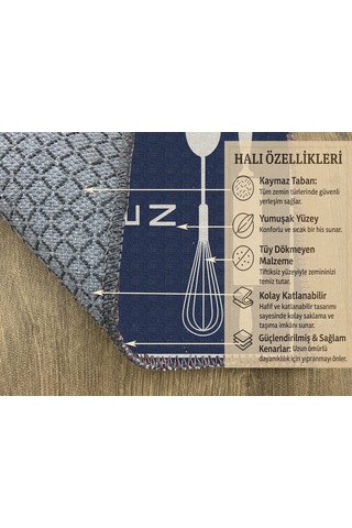Turkıshrug Kıngdom Lacivert Ve Bej Desenli Kitchen Yazılı Halı Modern Dijital Baskılı Tasarım Çok Renkli