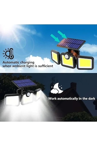 Üçlü Solar Led Projektör Beyaz Işık Sensörlü Dış Mekân Aydınlatma 5468