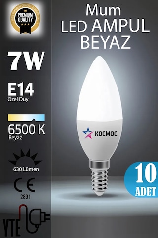 10 Adet Kaliteli Beyaz 7w Mum Led Ampul E14 Duy