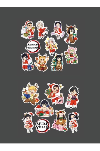 Yılbaşı 2li Çıkartma - Demon Slayer-merry Christmas-etiket-süsleme-- Başarı Çıkartmaları