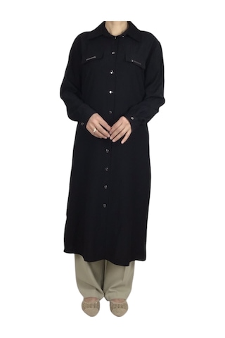 Kadın Önden Metal Düğmeli Yakalı Uzun Tunik Gömlek Siyah