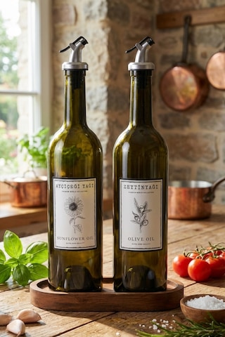 Marasca Ahşap Stantlı Amber 2'li 750 Ml Zeytinyağı Sıvıyağ Şişesi Yağdanlık Yağlık Standlı Cam Şişe Yeşil