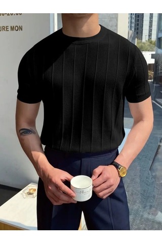 Efnaz Style Erkek Kısa Kollu Bisiklet Yaka Çizgili Triko Tişört Siyah