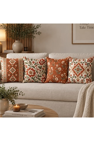4'lü Kiremit Krem Vintage Çiçek Ve Etnik Desenli Dekoratif Kırlent Kılıfı Seti - Çift Taraflı 43x43 Cm Kiremit Kırmızısı