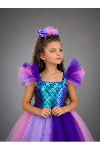 Buse&Eylül Bebe Denizkızı Prenses Kız Çocuk Elbisesi Pastel Mor Renkli Tül Elbise 3-10 Yaş