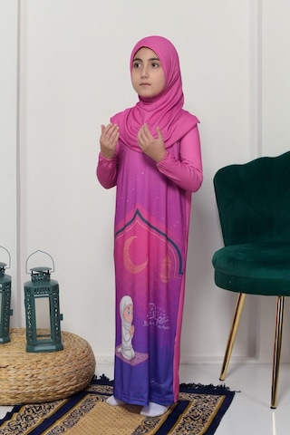 Çocuk Namaz Takımı Pratik Tek Parça Desenli Kollu Tak Çıkar Başörtülü Likralı Tesettür Elbise 6-12 Yaş 925-0201 Koyu Pembe