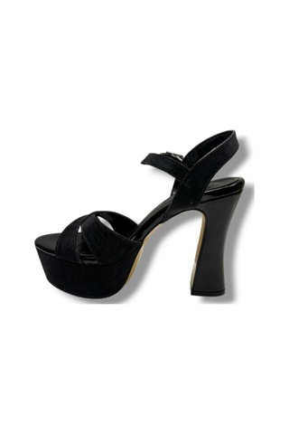 Defne 788-26 Simli Saten Çapraz Bant 30mm Platform Topuk Kadın Sandalet 12cm Siyah