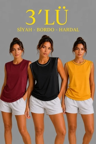 Valensdesign 3 Lü Kolsuz Sporcu Atlet Seti Yazlık Bisiklet Yaka - Siyah, Bordo, Hardal Çok Renkli