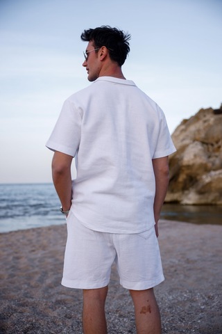 Beyaz Renk Gömlek Şort Erkek Keten Takım-1765 Beyaz