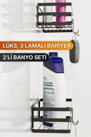 Bino Y01 4 Askılı Yapışkanlı 2'li Şampuanlık Organizer Banyo Askısı Siyah