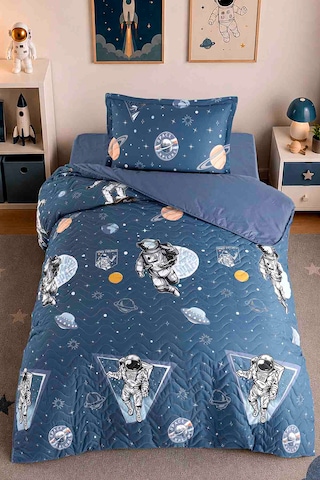 %100 Pamuk Tek Kişilik Kapitoneli Dört Mevsim Pike Yatak Örtüsü Galaxy Lacivert