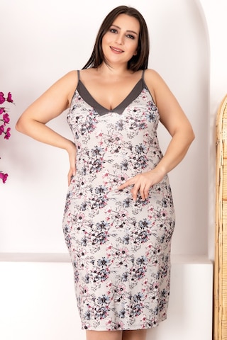 Lady Beyaz Renkli Çiçek Desenli Ve Askılı Kol 8906 Büyük Beden Anne Tunik Gecelik Gri