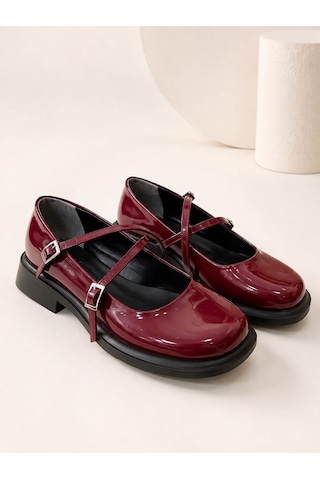 Dabab Shoes Marsel Kadın Bordo Rugan Çapraz Bantlı Tokalı 2 Cm Kalın Taban Mary Jane Ayakkabı