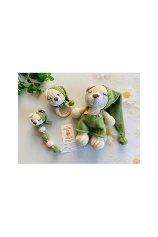 Adenya Sepeti Sepeti Masal Ayıcık Set Yeşil Renk Örgü Amigurumi Oyuncak + Diş Kaşıyıcı + Emzik Askısı