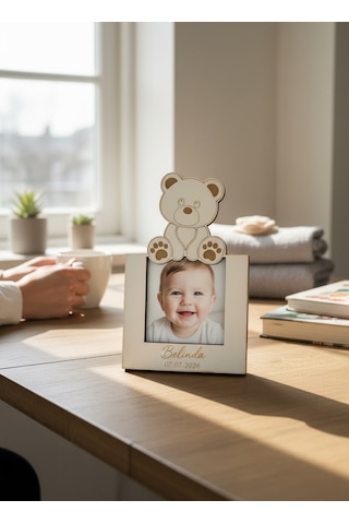 Kişiye Özel Ayıcık Figürlü Ahşap Fotoğraflı Magnet 10'lu Beyaz
