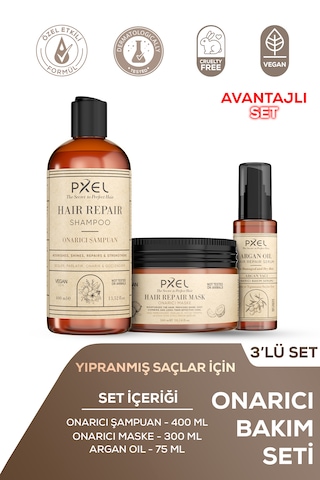 Pxel Onarıcı Şampuan - Maske - Argan Serum 3 Lü Set Vegan