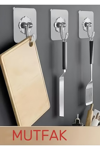 Kendinden Ultra Güçlü Yapışkanlı Tekli Askı Delmeden Montaj, Suya Dayanıklı, Paslanmaz Kanca şeffaf