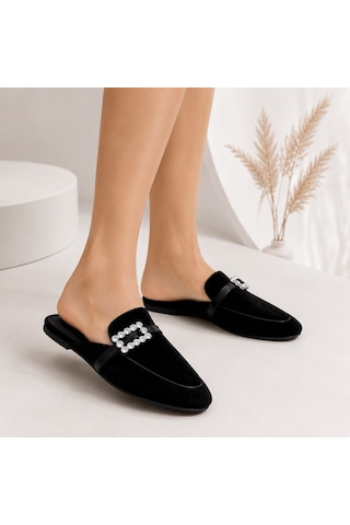 Dabab Shoes Marıgold Kadın Taşlı Tokalı Siyah Kadife Görünümlü Kapalı Burun Düz Taban Mule Terlik
