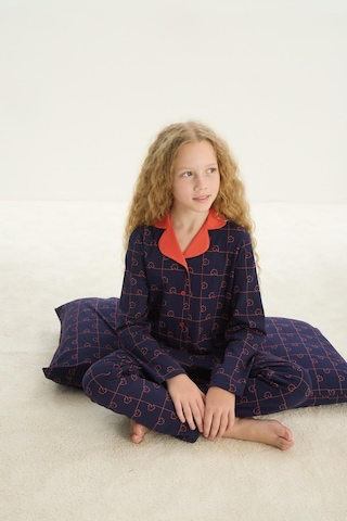 Sevim Kız Çocuk Uzun Kol Gömlek Yaka Önden Düğmeli Lacivert Pijama Takım C0t1n7o8 001