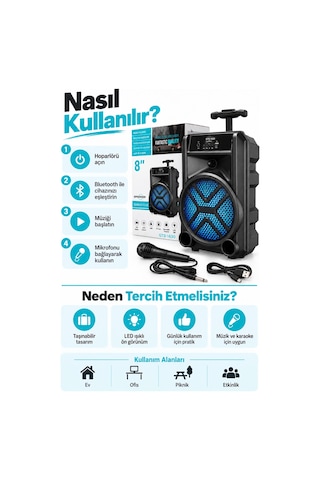 Gts-1630 8 İnç Bluetooth 5.0 Rgb Led Işıklı Taşınabilir Fm Radyo Usb Tf Kart Aux Kablolu Mikrofonlu