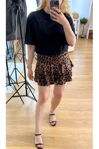 Modaonna Kat Detaylı Leopar Desen Saten Etek Kahverengi