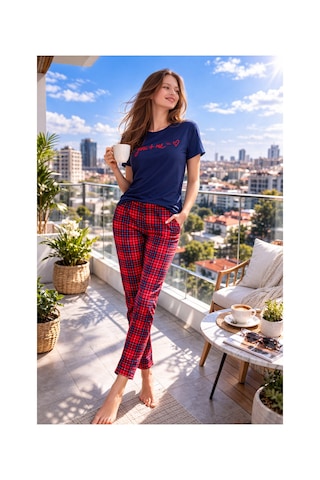 Rindahomewear Kısa Kol Pijama Takımı Kadın Milan Kalpli You+me Desen Lacivert