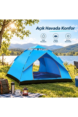 Outdoor Otomatik Kamp Çadırı Cm Su Geçirmez Güneş Korumalı Kolay Kurulum 4 Kişilik-1614 Açık Mavi