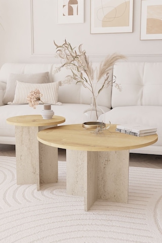 2 Li Orta Sehpa Seti, İskandinav Stil, Bohem, 72 Cm, 40 Cm - Safir Meşe & Traverten